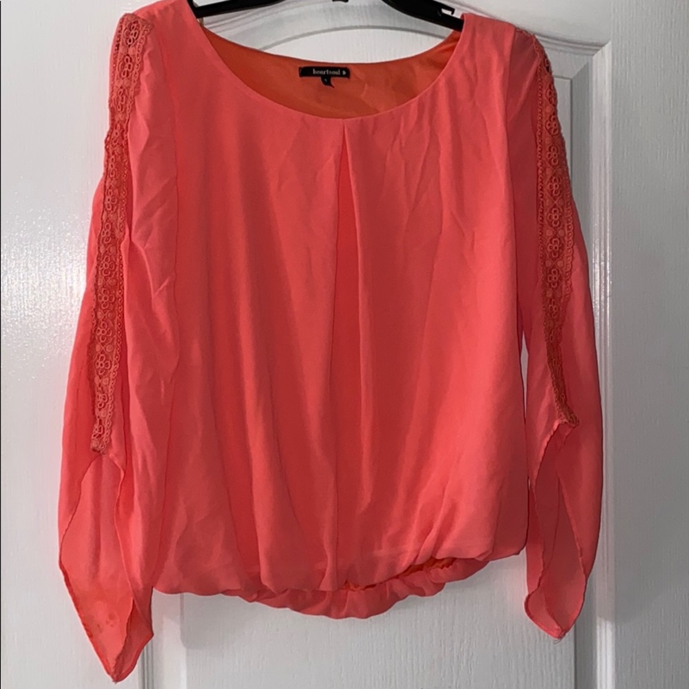 Salmon Colored Top With Lace Trim Sleeve